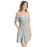 Off Shoulder Shirred Waist Flared Mini Dress