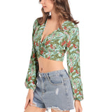 Women's Deep V-Neck Lantern Sleeve Crop Top